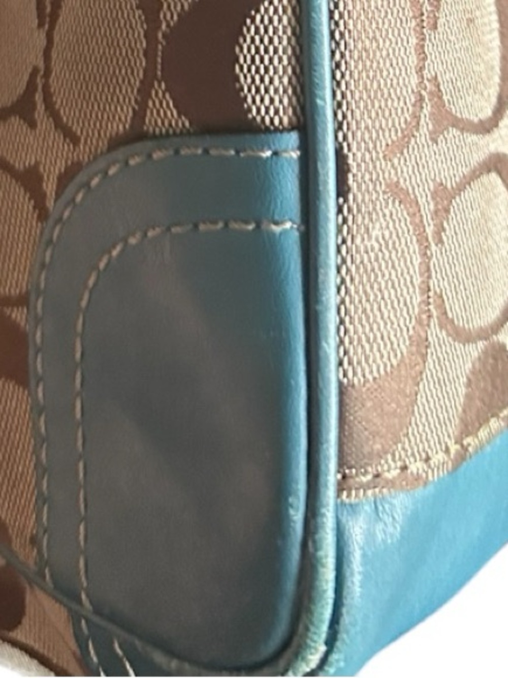 Coach Vintage Y2K Hadley Lunch Bag Beige Signature Canvas Tote Blue Leather Trim - Picture 12 of 13